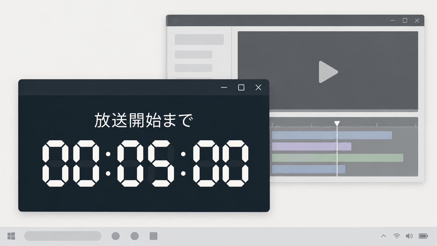 Illustration of broadcast preparation and a countdown, with Japanese labels