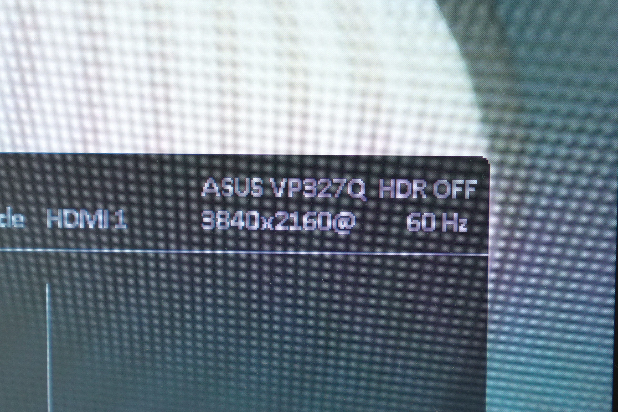 The on-screen settings show ASUS VP327Q, HDMI1, 3840 × 2160 at 60Hz, and HDR OFF