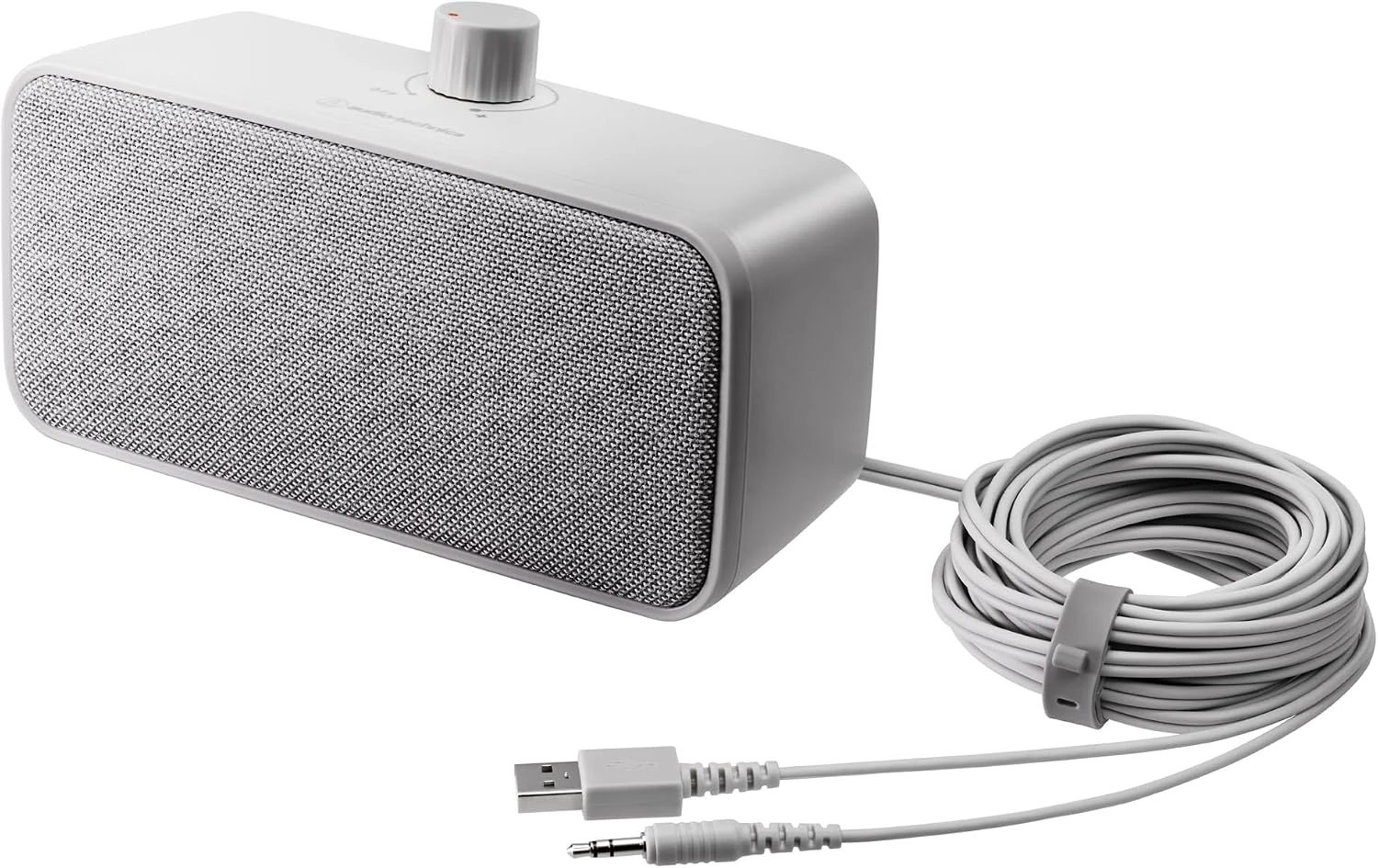 USB Type-A power plug and 3.5mm audio plug, both on approximately five-meter cables