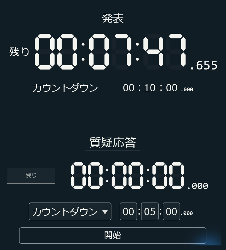 A ten-minute presentation countdown and a waiting questions timer with five minutes entered