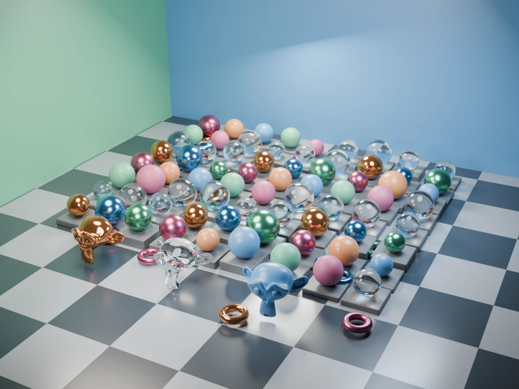 Rendered 3D scene used for the GPU comparison, with metal and glass spheres calculated under identical conditions
