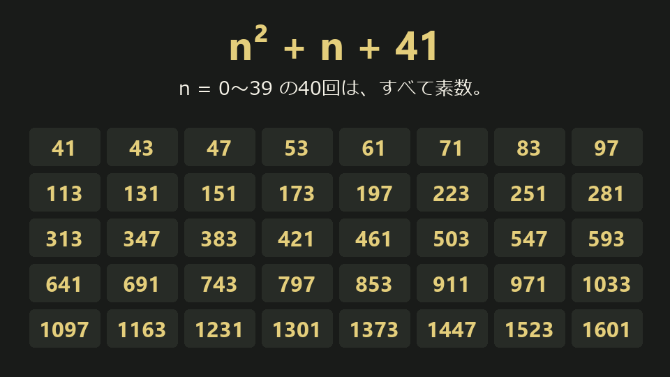 式nの2乗+n+41に0から39を入れると、41から1601まで40個の素数が続けて出る。